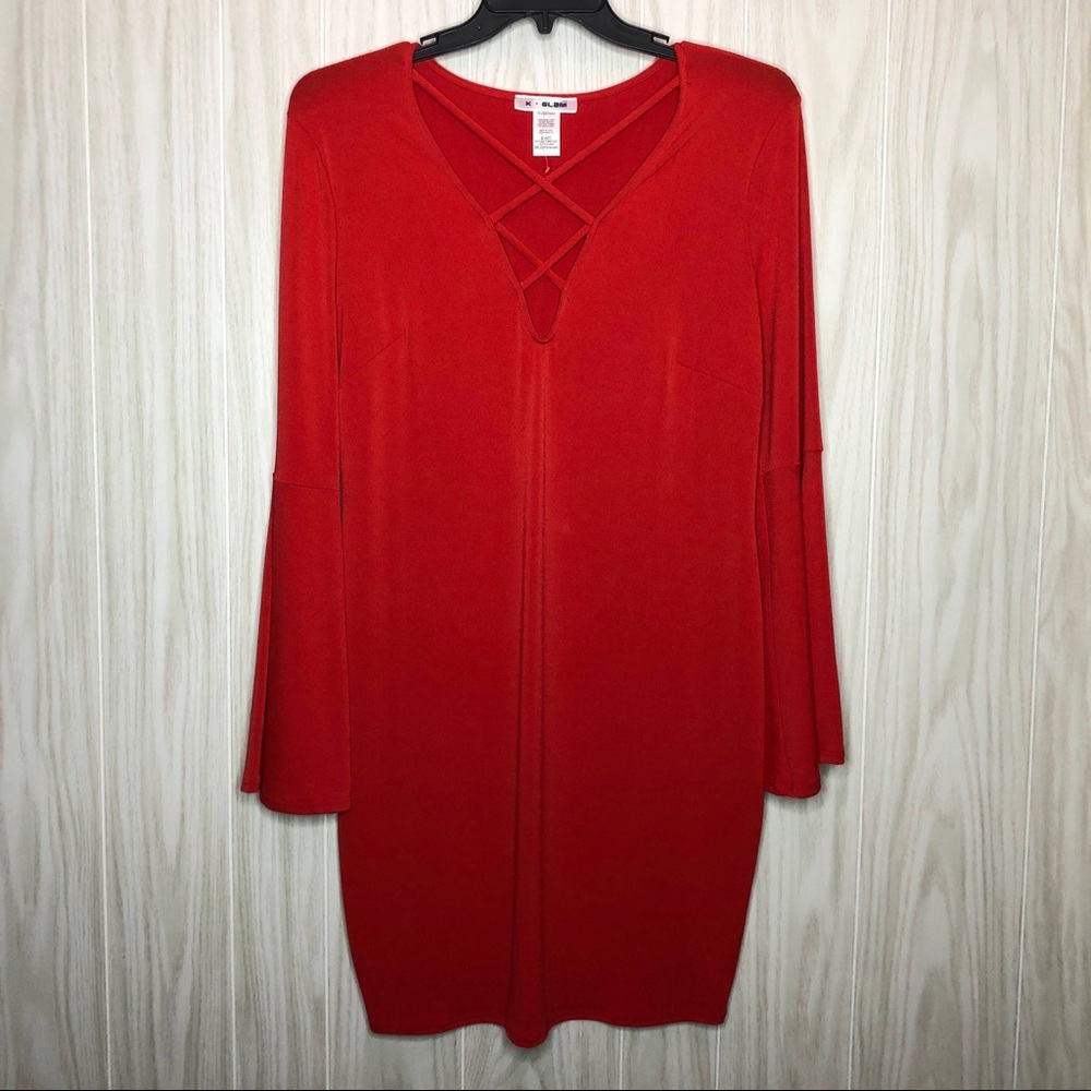 K+ Glam Red Bell Sleeve Bodycon Form Fitting Dress